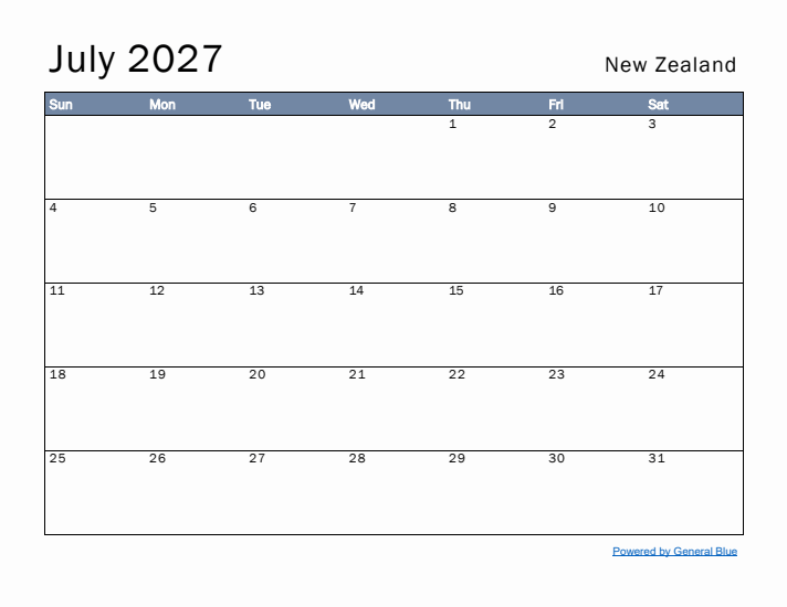 July 2027 Simple Monthly Calendar for New Zealand