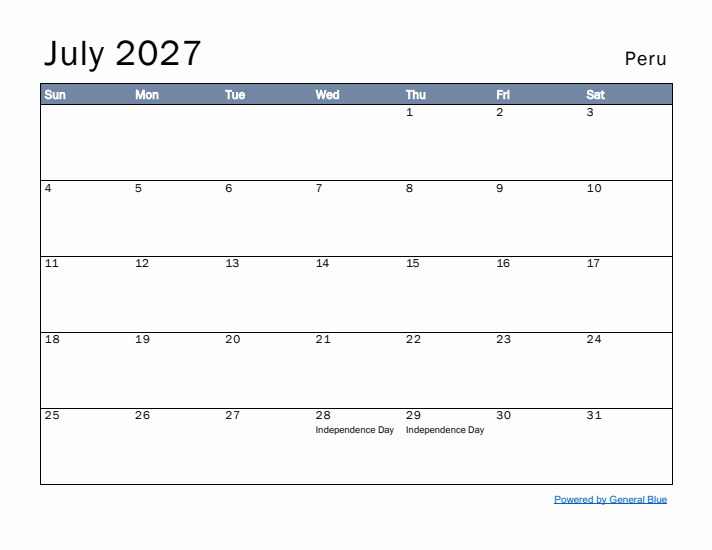 July 2027 Simple Monthly Calendar for Peru