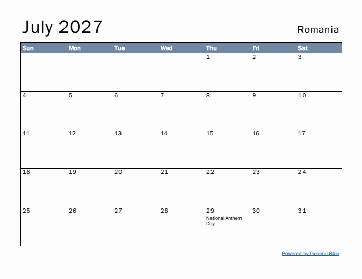 July 2027 Simple Monthly Calendar for Romania