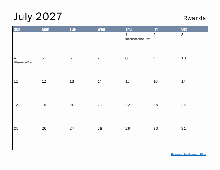 July 2027 Simple Monthly Calendar for Rwanda