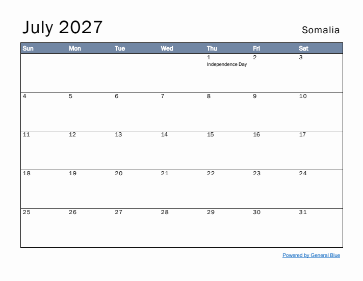 July 2027 Simple Monthly Calendar for Somalia