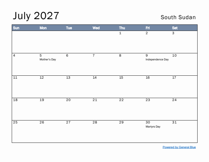 July 2027 Simple Monthly Calendar for South Sudan