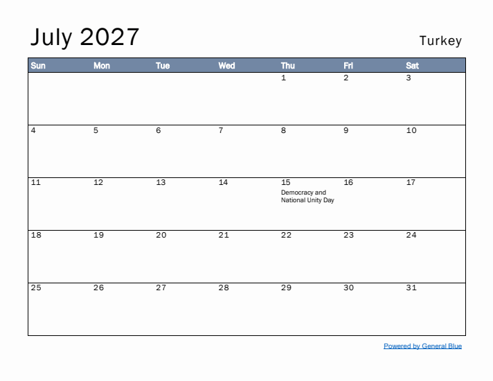 July 2027 Simple Monthly Calendar for Turkey