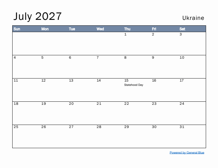 July 2027 Simple Monthly Calendar for Ukraine