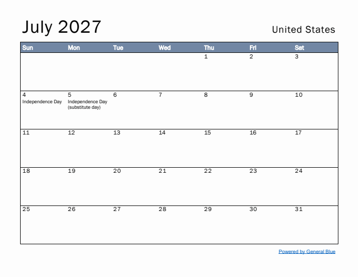 July 2027 Simple Monthly Calendar for United States