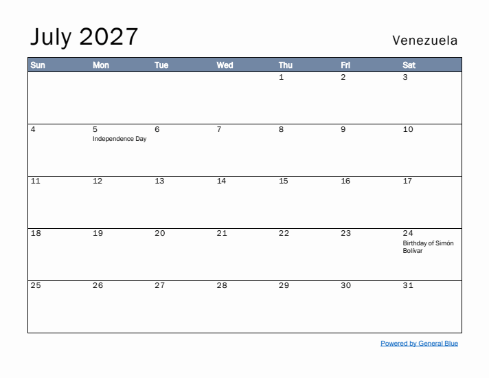 July 2027 Simple Monthly Calendar for Venezuela