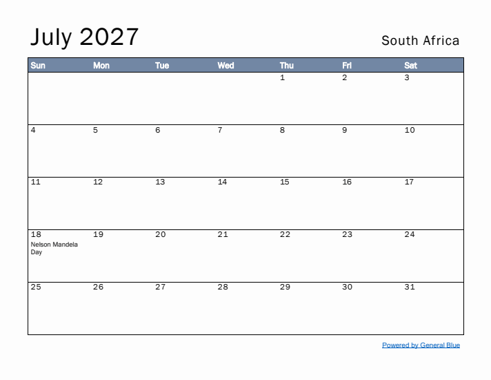 July 2027 Simple Monthly Calendar for South Africa