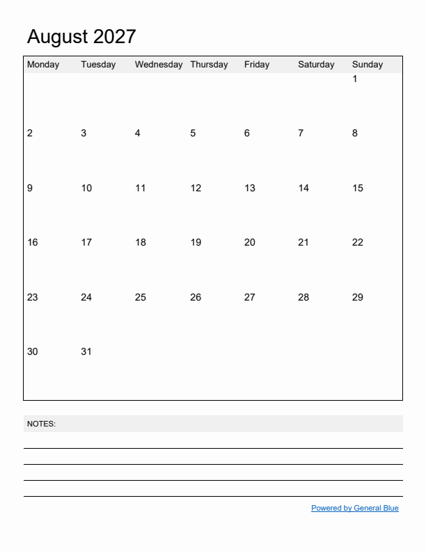 Basic Monthly Calendar Template for August 2027