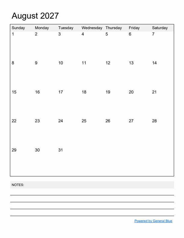 Basic Monthly Calendar Template for August 2027