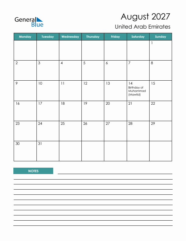 Calendar with Notes Printable - Monday Start