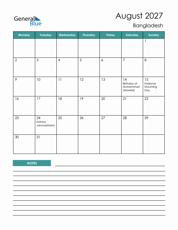 Calendar with Notes Printable - Monday Start