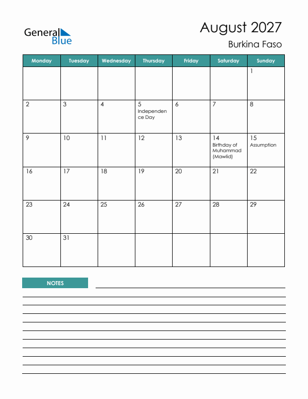 Calendar with Notes Printable - Monday Start