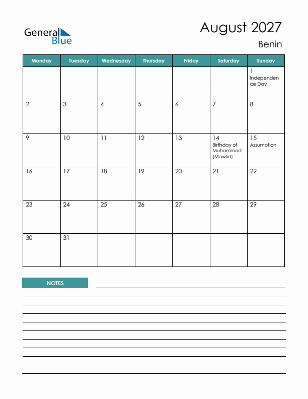 Calendar with Notes Printable - Monday Start