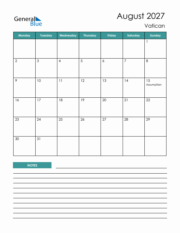 Calendar with Notes Printable - Monday Start