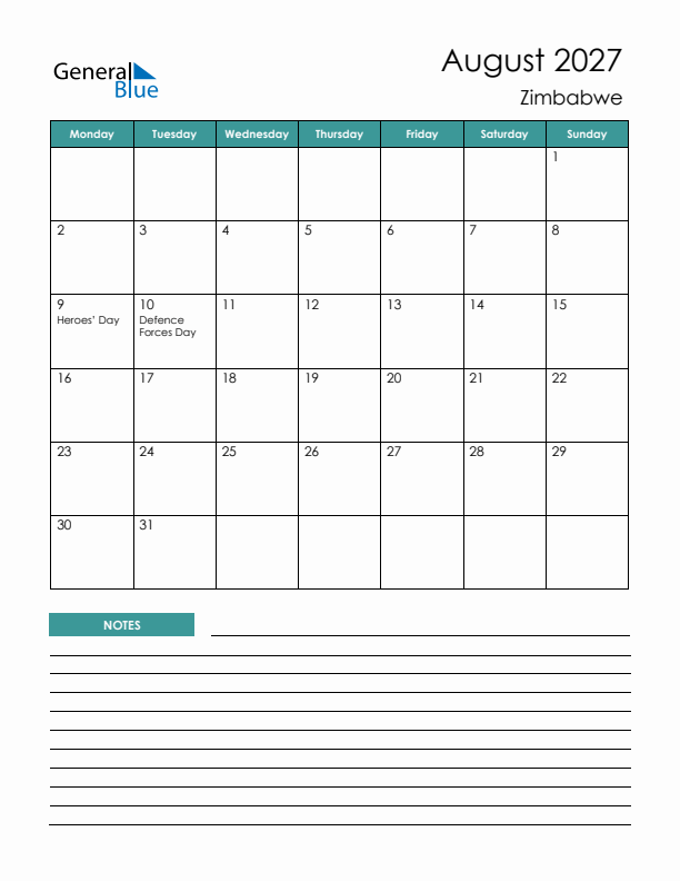 Calendar with Notes Printable - Monday Start