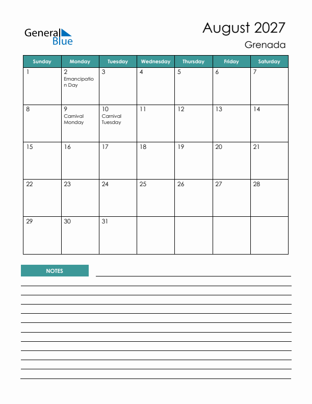 Calendar with Notes Printable - Sunday Start