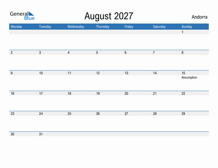 Fillable August 2027 Calendar