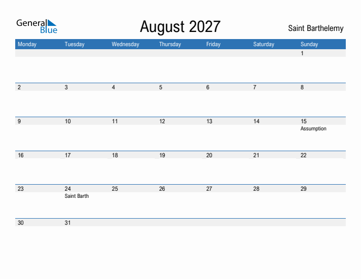 Fillable August 2027 Calendar