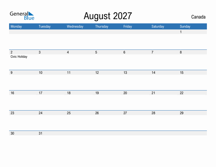 Fillable August 2027 Calendar