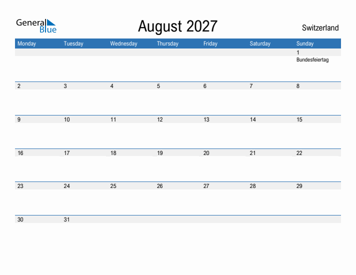 Fillable August 2027 Calendar