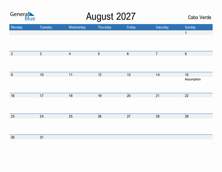 Fillable August 2027 Calendar