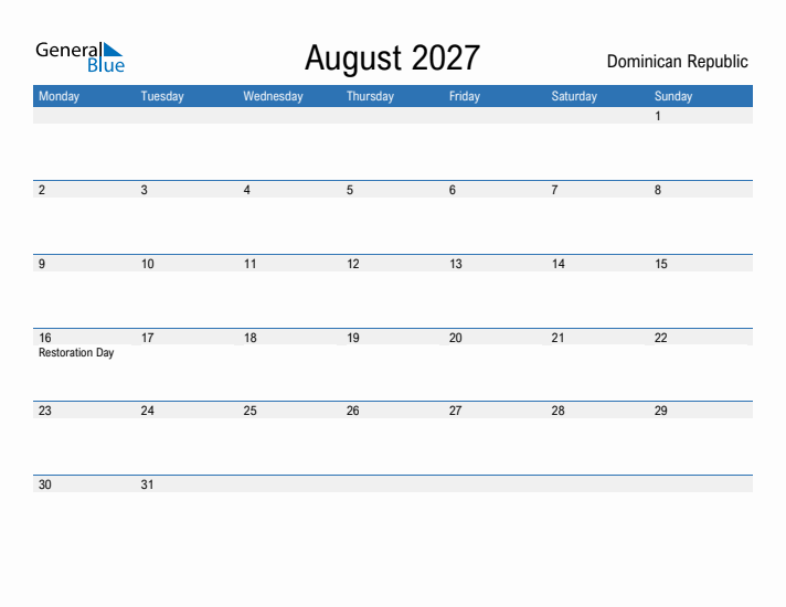 Fillable August 2027 Calendar