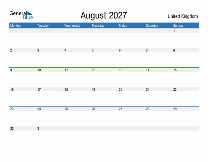 Fillable August 2027 Calendar