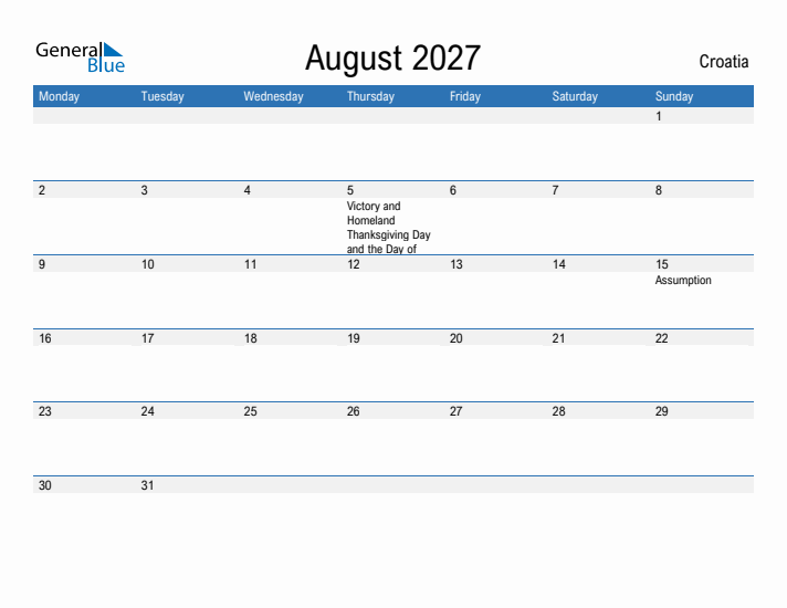 Fillable August 2027 Calendar