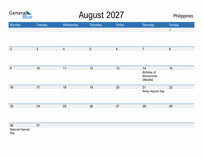 Fillable August 2027 Calendar