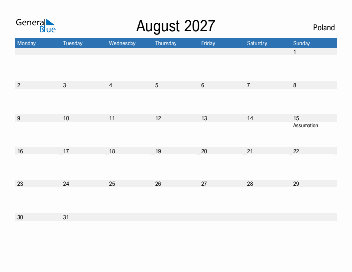 Fillable August 2027 Calendar