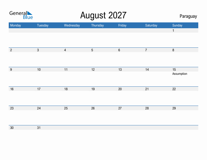 Fillable August 2027 Calendar