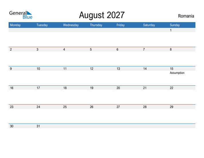 Fillable August 2027 Calendar