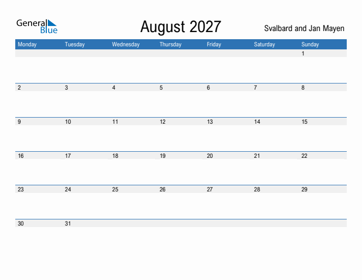 Fillable August 2027 Calendar