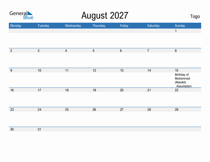 Fillable August 2027 Calendar