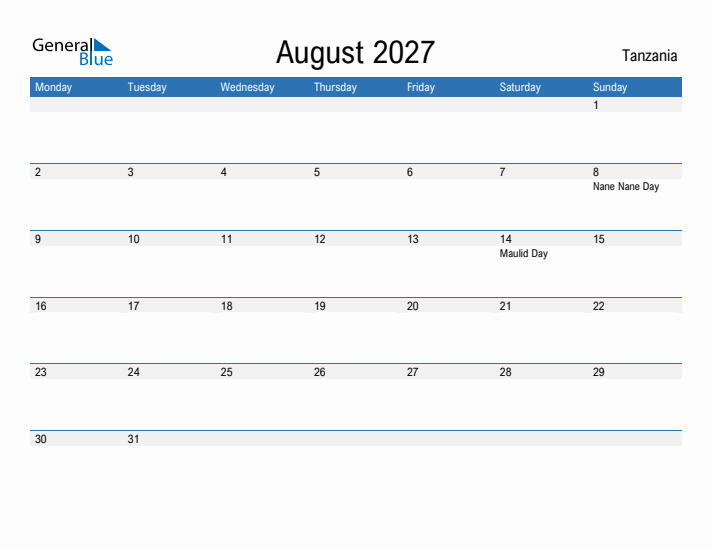 Fillable August 2027 Calendar