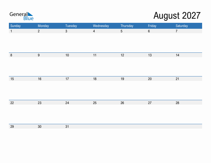 Fillable Calendar for August 2027