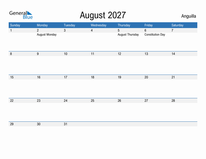 Fillable August 2027 Calendar