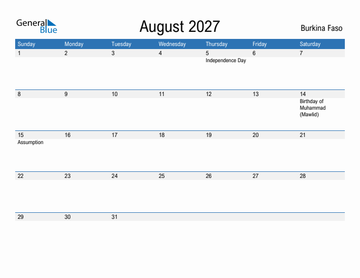 Fillable August 2027 Calendar