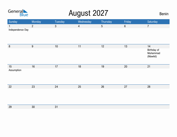 Fillable August 2027 Calendar