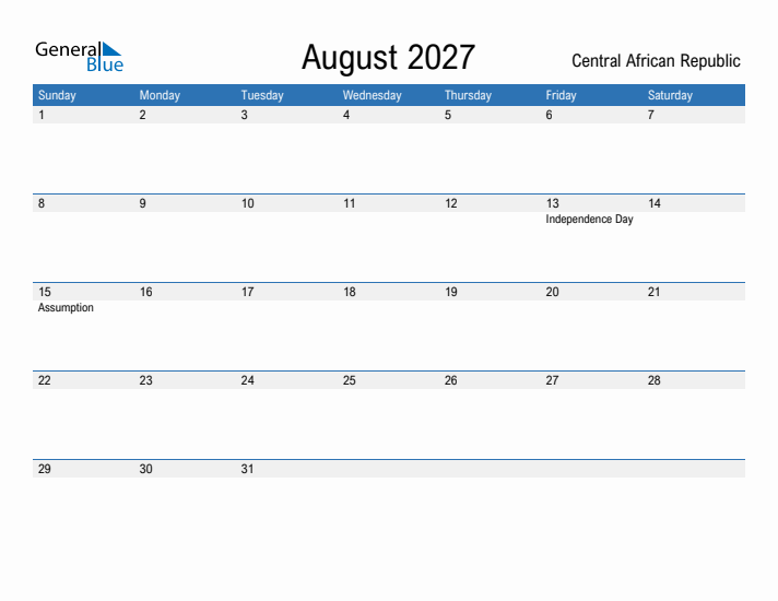 Fillable August 2027 Calendar