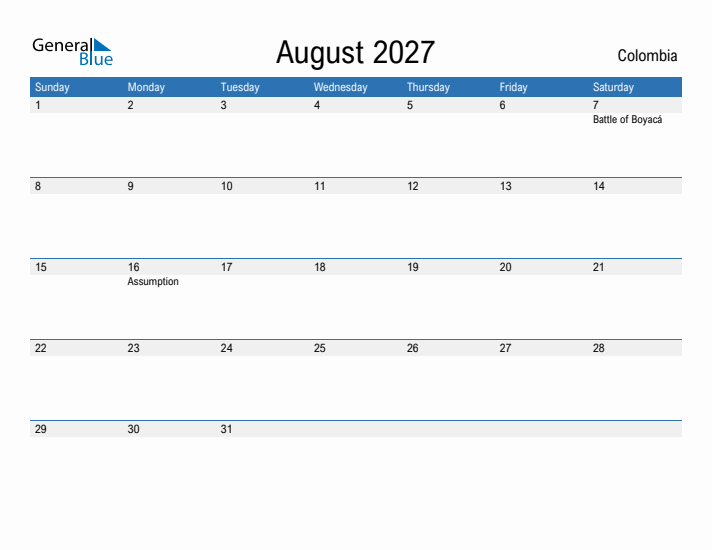 Fillable August 2027 Calendar