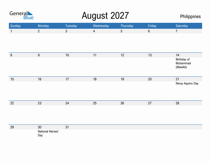 Fillable August 2027 Calendar