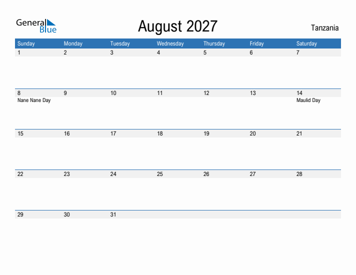 Fillable August 2027 Calendar