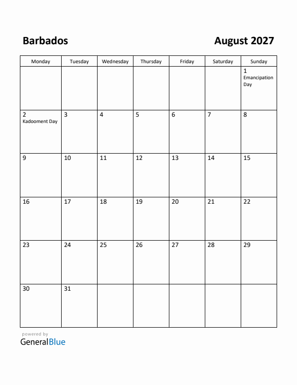 August 2027 Calendar with Barbados Holidays