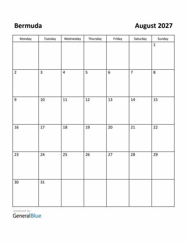 August 2027 Calendar with Bermuda Holidays