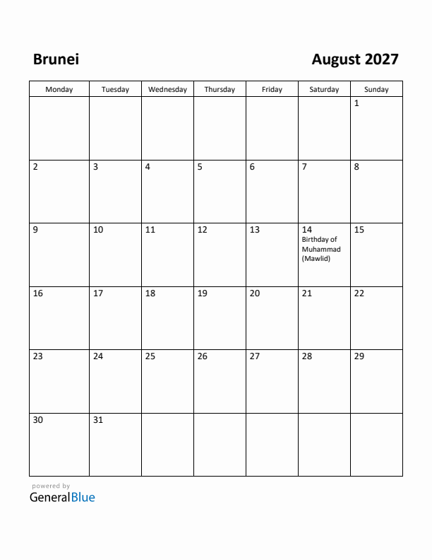 August 2027 Calendar with Brunei Holidays