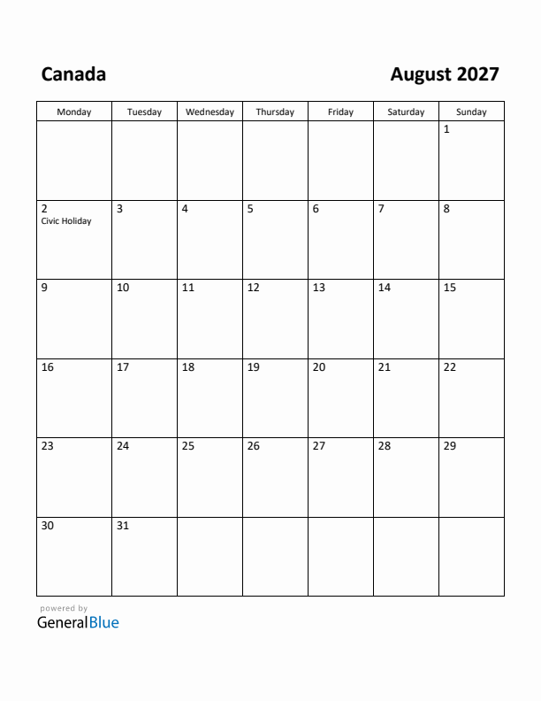 August 2027 Calendar with Canada Holidays