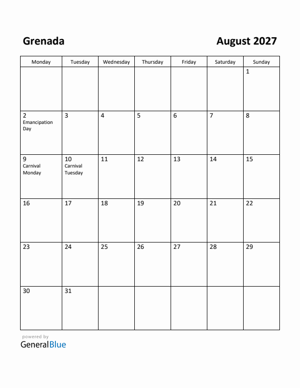 August 2027 Calendar with Grenada Holidays