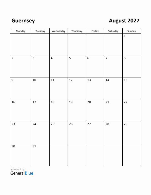 August 2027 Calendar with Guernsey Holidays