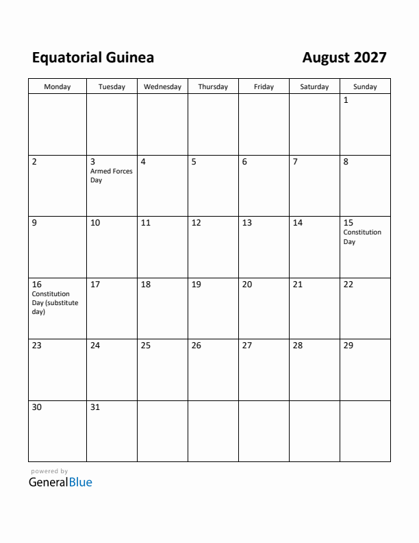 August 2027 Calendar with Equatorial Guinea Holidays